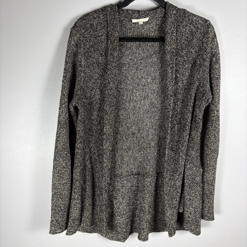Eileen Fisher Women's Medium Black White 100% Linen Open Front Cardigan Sweater‎